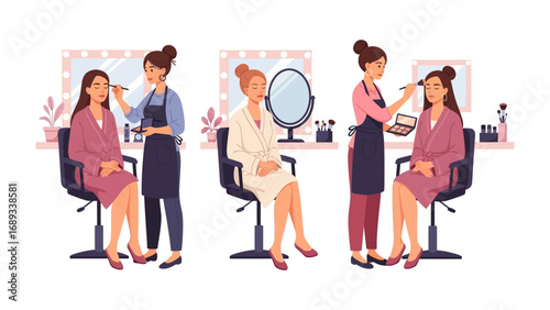 Professional makeup artists applying cosmetics to clients in a brightly lit salon setting with mirrors and tools