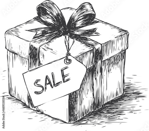 Sketch of gift box with bow and sale tag in black and white illustration. Vector illustration