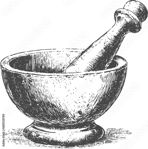 Vintage illustration of mortar and pestle in black and white, sketch style. Vector illustration