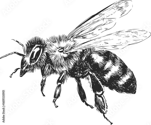 Detailed black and white illustration of a realistic bee side view ink drawing. Vector illustration