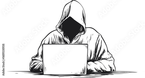 Hacker in a hoodie using laptop with hidden face and black and white style. Vector illustration