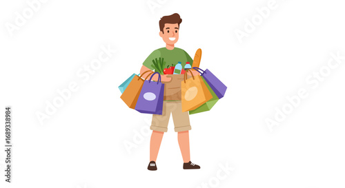Man Carrying Groceries in Shopping Bags Smiling After Shopping.