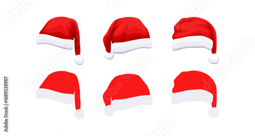 Set of santa hats with various styles on white background