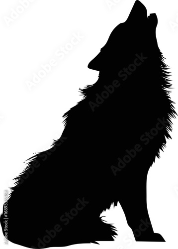 Black silhouette of a howling wolf with detailed fur. Vector illustration
