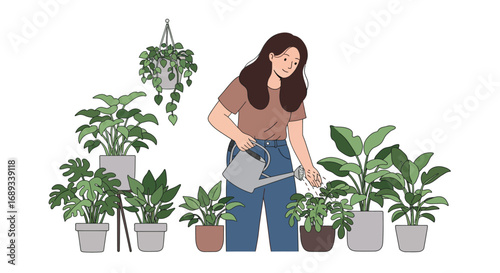 Woman Watering Potted Plants with a Watering Can in a Home Setting.