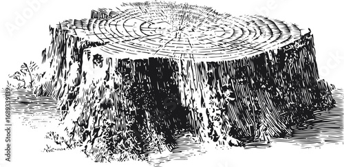 Detailed black and white illustration of a tree stump with growth rings. Vector illustration