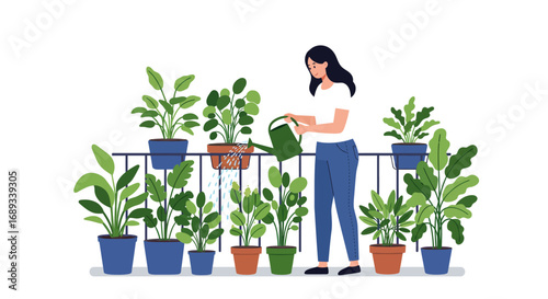 Woman Watering Potted Plants on Balcony with Green Watering Can 1.