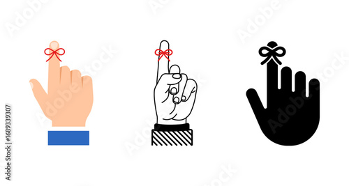 Reminder icon set: colorful, linear, and silhouette finger with red string bows