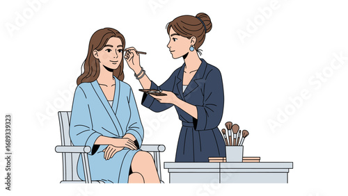 Professional makeup artist applying eyeshadow to a young woman in a spa robe