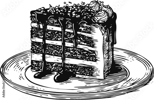 Slice of cake with chocolate drizzle and whipped cream on a plate. Vector illustration