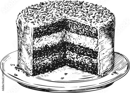 Illustration of sliced chocolate cake with sprinkles on a plate, black and white. Vector illustration