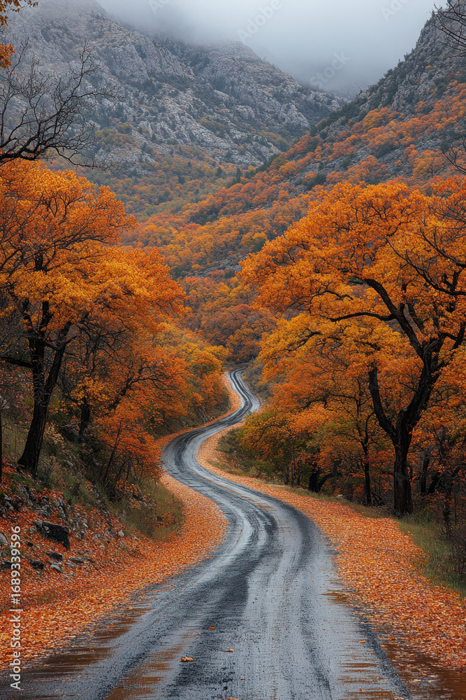 Naklejka premium Mountain road lined with vibrant fall foliage.
