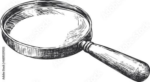 Vintage hand-drawn magnifying glass with wooden handle illustration. Vector illustration