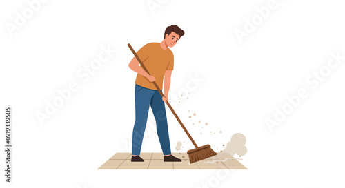Man Sweeping Floor with Broom Cleaning Dust and Debris.