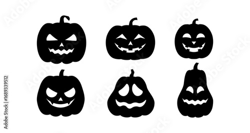 Set of six black pumpkin and gourd faces for halloween decorations