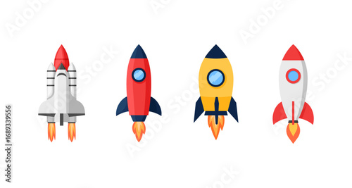 Colorful cartoon rockets with flames in flat design on white background