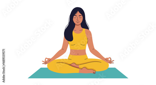 Woman in Yellow Meditating in Lotus Position on Blue Mat.