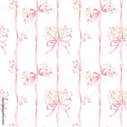 Seamless Retro Pink Ribbon and Bow Pattern with Flowers for Interior and Fabric, coquette wallpaper, textile, packaging, clothing, decor,