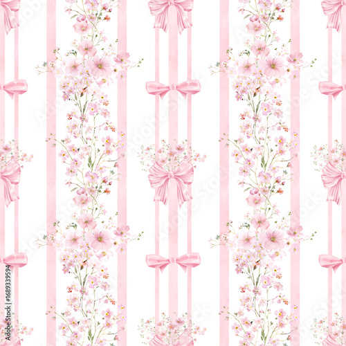 Seamless Pink Floral Ribbon Pattern, Vertical Striped Coquette Wallpaper, Toile Digital Paper