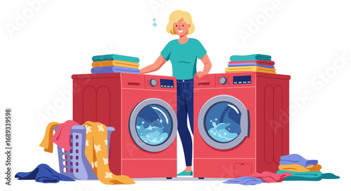 Woman Doing Laundry with Red Washing Machines and Clothes.