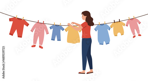 Woman Hanging Colorful Baby Clothes on a Clothesline with Clothespins.