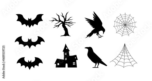 Halloween silhouette icons: bats, crows, webs, and haunted house