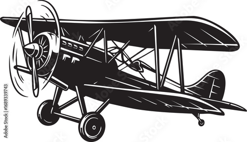 Old Propeller Aircraft Drawing - Classic Aviation Design | Vintage Biplane Illustration - Retro Airplane Vector Art | Retro Biplane Clipart - Black and White Vintage Airplane.
