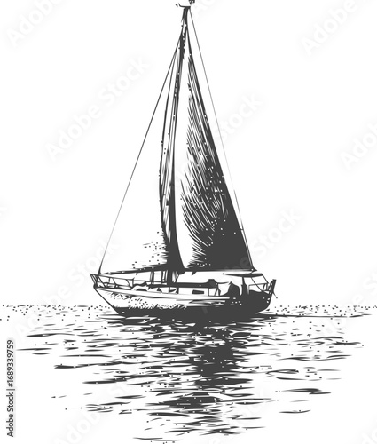 Monochrome illustration of a sailboat on the water in black and white art style. Vector illustration