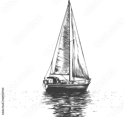 Black and white sailboat sketch with reflection on calm sea. Vector illustration