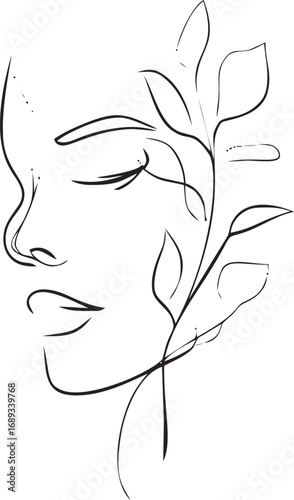 Elegant line art of a human face with entwined leaves tracing profile. Vector illustration