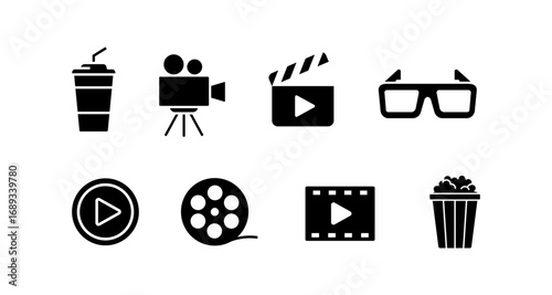 Silhouette cinema icons set: popcorn, film, camera, play button, 3d glasses