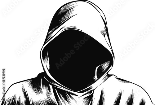 Faceless figure in black hood with no visible features in minimalist design. Vector illustration