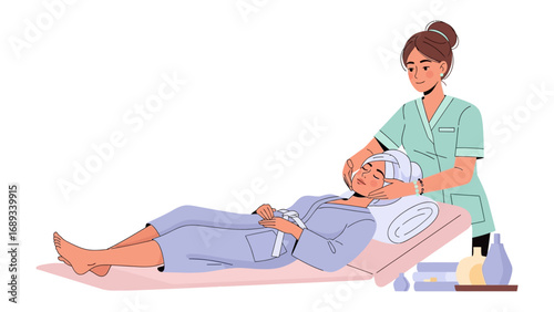 Caring nurse administers treatment to patient lying down in medical setting