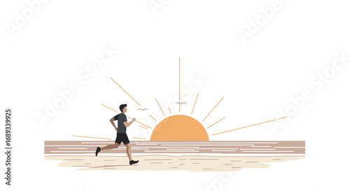 Man Running on Beach at Sunrise Illustration.