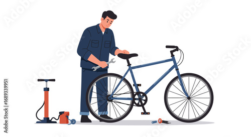 Man Repairing a Blue Bicycle with a Wrench and Pump.