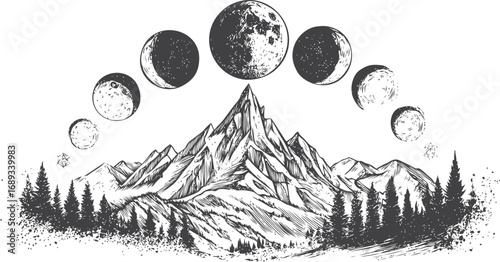 Mountain peaks with moon phases above in detailed black ink illustration. Vector illustration
