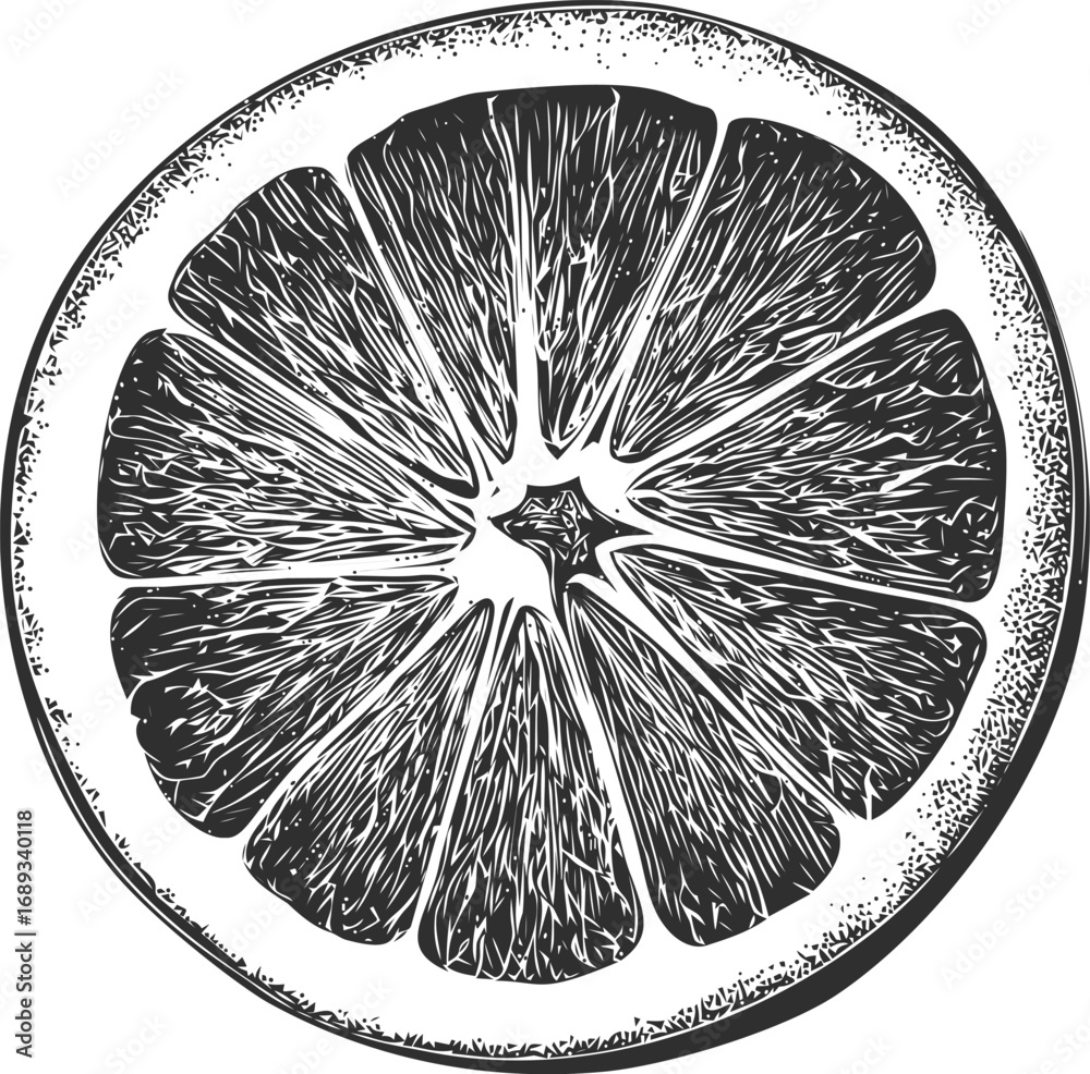 Obraz premium Black and white drawing of a citrus slice with detailed lines, retro style. Vector illustration