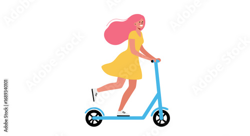 Woman with Pink Hair Riding a Blue Scooter.