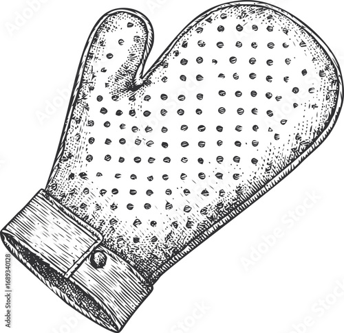Hand-drawn sketch of a dotted kitchen oven mitt with cuff button. Vector illustration
