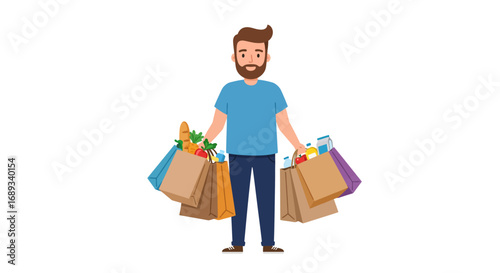 Cartoon Man Carrying Grocery Bags Filled with Food Items After Shopping.