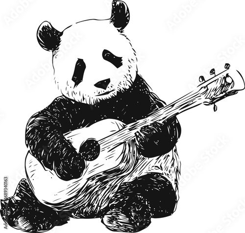 Panda playing guitar in monochrome sketch with playful expression. Vector illustration