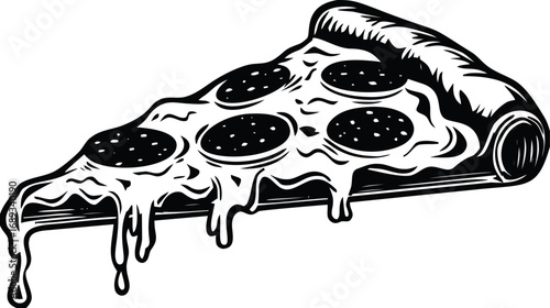 Slice of pepperoni pizza with melting cheese in black and white illustration. Vector illustration