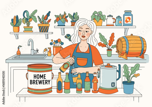 Flat Style vector illustration of a woman brewing beer at home, bottling craft beverages in a cozy kitchen with plants, home brewery equipment, and barrels, symbolizing DIY brewing and homemade drinks