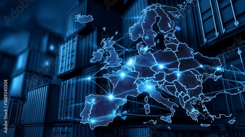 Advanced digital Europe map projection with glowing network connections against shipping container background in technology logistics center