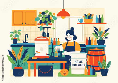 Flat Style vector illustration of a woman brewing beer at home, bottling craft beverages in a cozy kitchen with plants, home brewery equipment, and barrels, symbolizing DIY brewing and homemade drinks