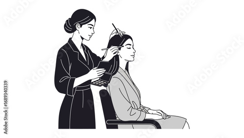 Stylist meticulously cuts and styles long dark hair of a seated client in a salon setting