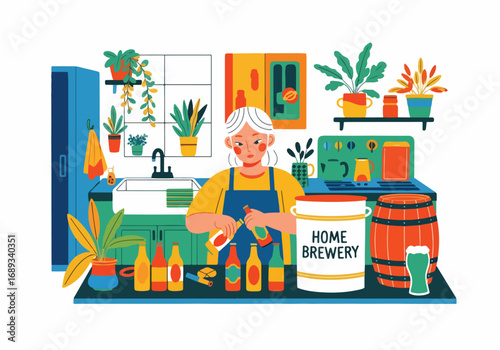 Flat Style vector illustration of a woman brewing beer at home, bottling craft beverages in a cozy kitchen with plants, home brewery equipment, and barrels, symbolizing DIY brewing and homemade drinks