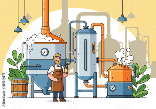 Flat style vector illustration of a brewer working with large brewing tanks, pipes, and equipment, holding a beer bottle, symbolizing craft beer production, brewery industry, and traditional brewing