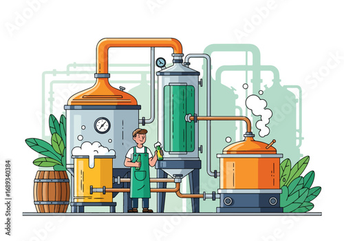 Flat style vector illustration of a brewer working with large brewing tanks, pipes, and equipment, holding a beer bottle, symbolizing craft beer production, brewery industry, and traditional brewing