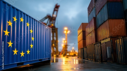 Industrial European Union shipping container among stacked cargo at twilight port with crane and lights reflecting on wet ground in international trade shipping yard